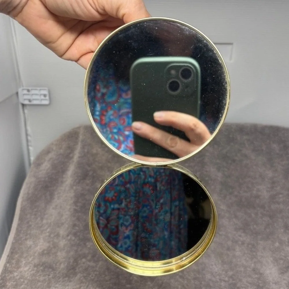 Vintage Japan Folding Vanity Mirror Gold Tone Faux Mother of Pearl Travel Stand